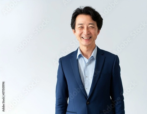 Obraz スーツ姿で笑顔で講義する40代の男性研修講師 コンサルタント