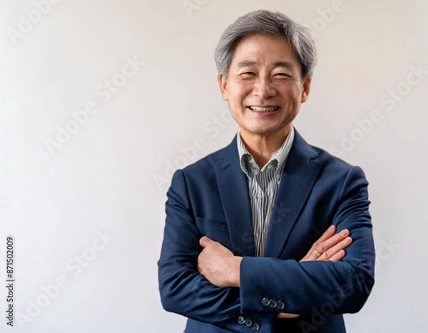 Obraz 黒いスーツ姿で笑顔で腕組みをする60代の男性実業家 経営者