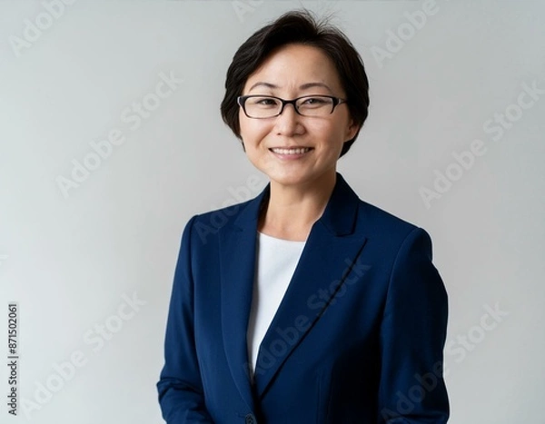 Obraz 黒いスーツ姿で笑顔でメガネの60代の女性実業家