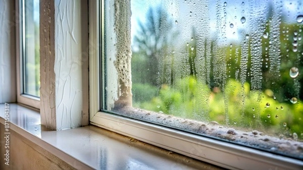 Fototapeta Window drip due to bad ventilation inside house. Condensation on glass during cold weather. High humidity is cause of mold (mildew, mould) on house or building surfaces. Water drop tracks on windows.