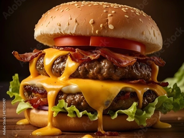Fototapeta Juicy Cheeseburger with Melting Cheddar Cheese, Crispy Bacon, Fresh Lettuce, and Tomato on Wooden Board