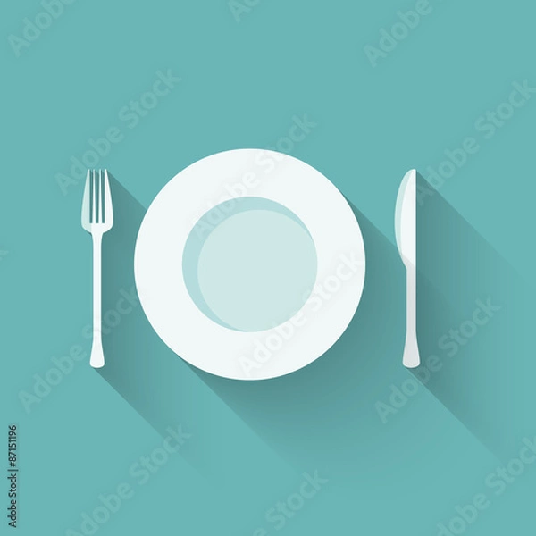 Obraz Plates and cutlery with long shadows