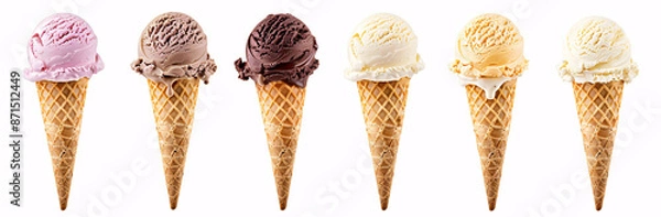 Fototapeta Collection of colorful ice cream cones on a white background, perfect for summer treats and dessert menus.
