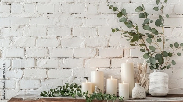 Fototapeta Eucalyptus and candles displayed on table against white brick wall with space for text