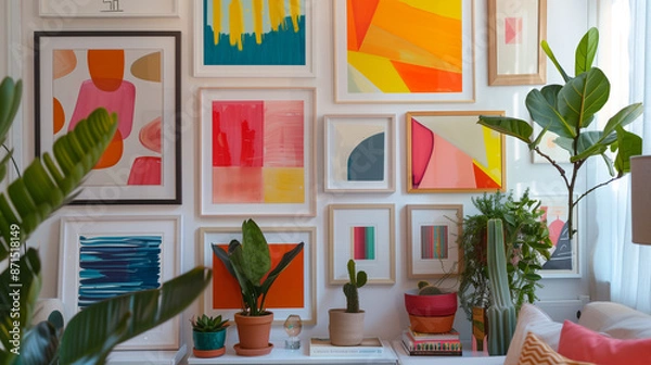 Obraz A gallery wall filled with an array of eclectic frames, each showcasing a unique abstract art piece.