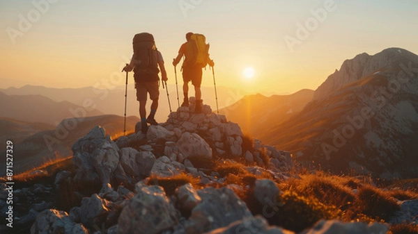 Obraz Zwei Wanderer beim Trekking in den Bergen