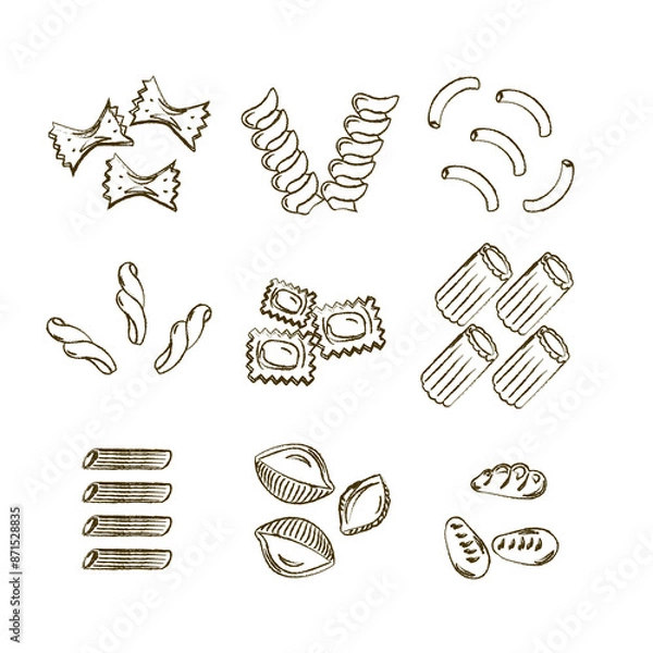 Fototapeta さまざまな種類のショートパスタの手書きイラスト