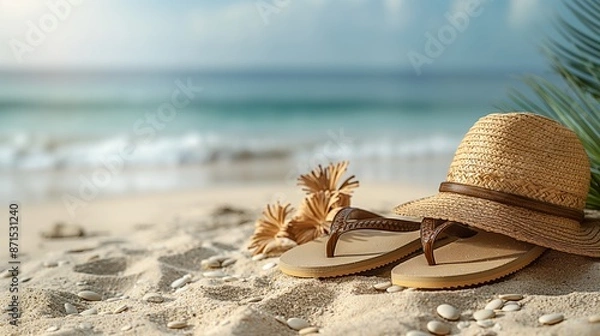 Fototapeta Beach essentials laid on sandy shores: flip-flops, a straw hat, and decorative palm fronds under a bright tropical sun