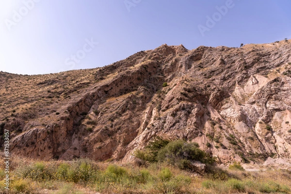Fototapeta A rocky mountain with a few trees on it
