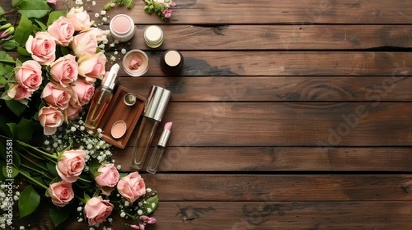 Obraz Bouquet of pink roses next to various makeup items spread on a rustic wooden surface, suggesting beauty concepts