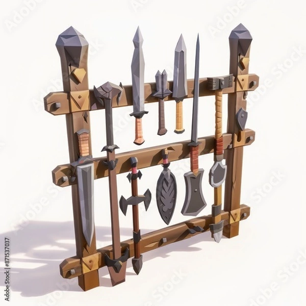 Fototapeta 3D Render, Low Poly style of a rack of medieval weapons, on isolated white background, Generative AI