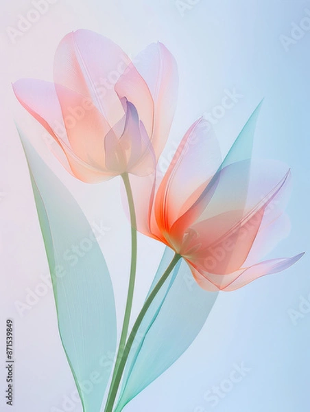 Fototapeta translucence minimalist half tulip flower and leaf, frosted glass blur covered, multiple exposures, macro photography