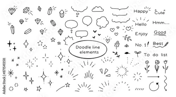 Fototapeta Doodle line elements of shiny pen. Heart, accent, star, icon with shiny decorations, flowers, heart. Vector illustration.