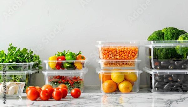 Obraz Containers with different fresh products on white marble table, space for text. Food storage