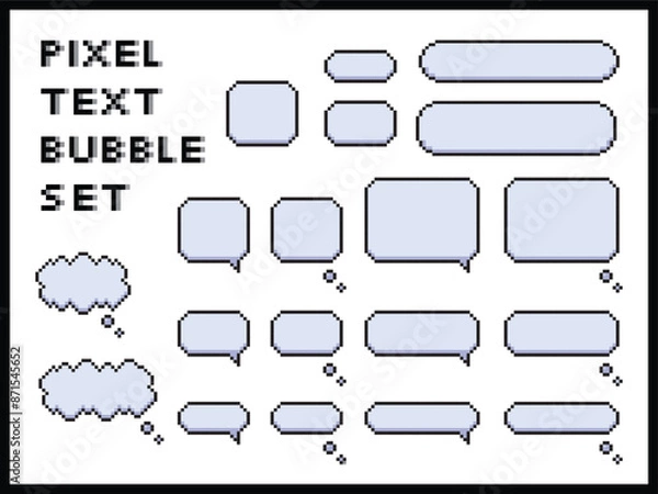 Fototapeta Cute pixel text speech bubble isolated vector element illustration set. Speech talking thinking box. Dialogue cloud. 8 bit. For game development, mobile app,scrapbooking, graphic, social media