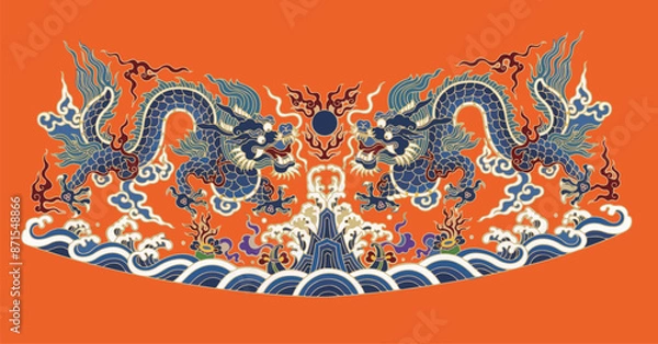 Fototapeta Double Dragon Playing Pearl Pattern