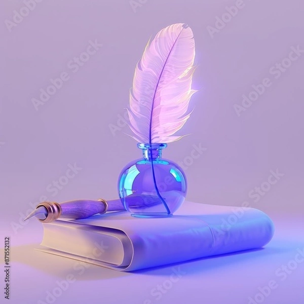 Fototapeta Inkwell on top of books with parchment scroll, 3d illustration in the style of minimal soft glow violet solid background