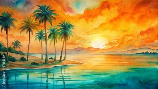 Fototapeta Vibrant orange hues dance across serene turquoise waters, palm trees stand tall, embracing tranquil tropical beach at day's end solitude.