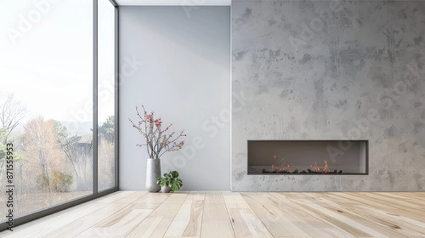 Fototapeta Minimalist luxurious interiors design composition in neutral colors depicting an empty room with a fireplace. Luxury residential Real Estate.