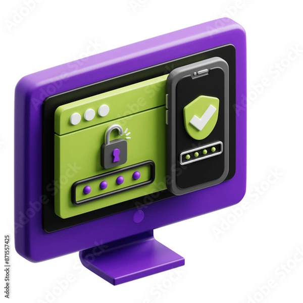 Fototapeta Two Factor Authentication 2FA 3D Illustration. Transparent Background. Cyber security theme.