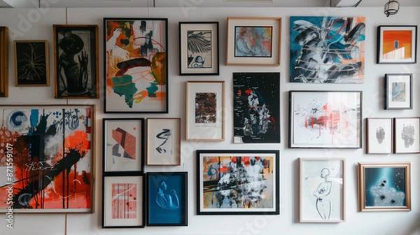 Fototapeta A gallery wall filled with an array of eclectic frames, each showcasing a unique abstract art piece.
