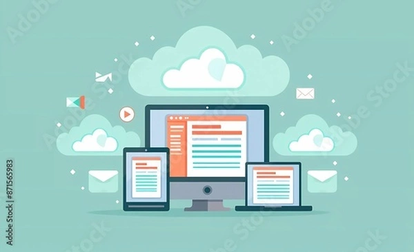 Fototapeta Vector flat illustration of cloud storage concept showing multiple devices, a laptop and phone, displaying online documents on their screens against a light teal colored background.