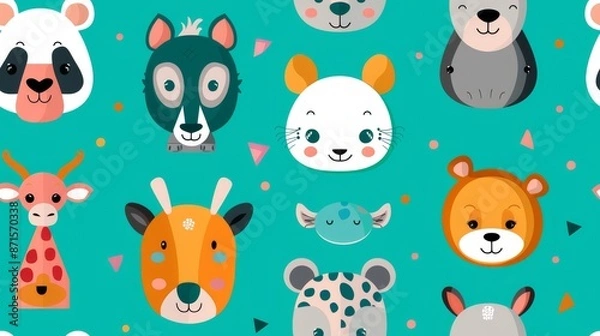 Fototapeta A playful pattern featuring cartoon faces of various animals on a teal background, suitable for children's designs