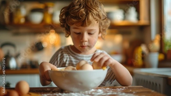 Fototapeta A young boy is cracking eggs into a bowl. AI.
