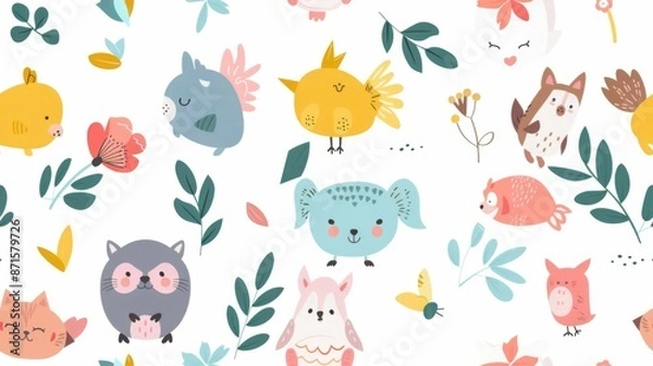 Fototapeta Whimsical pattern featuring cartoon animals and foliage in a playful and child-friendly design, perfect for nursery decor