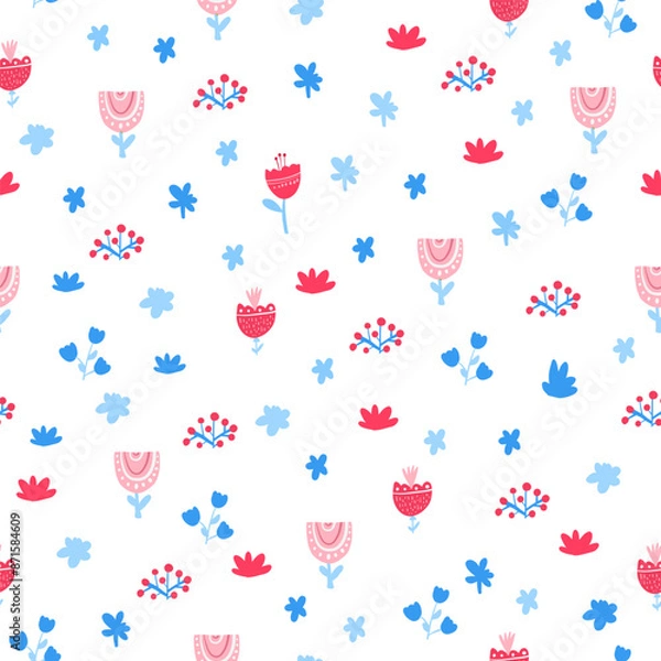 Fototapeta Seamless pattern of the simple flowers. Flat vector