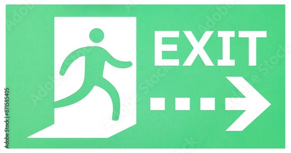 Fototapeta 人のアイコンが出口へ向かうマークとEXITの下に点線の矢印を使った非常口の看板