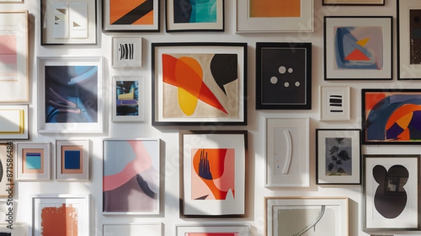 Fototapeta A gallery wall filled with an array of eclectic frames, each showcasing a unique abstract art piece.