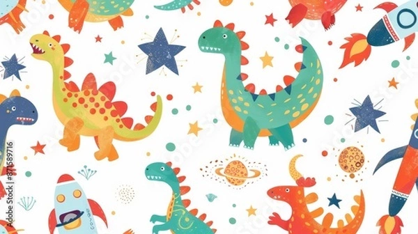 Fototapeta Whimsical illustration of dinosaurs among celestial bodies and spacecraft ideal for children's decor