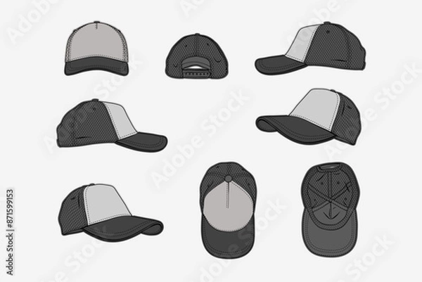 Fototapeta 2d illustration of cap. Outline vector image set. Front, back, top, bottom, side and perspective view.
