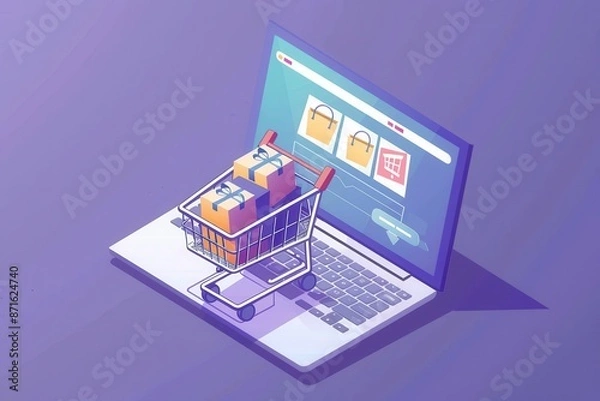 Obraz shopping cart loaded with boxes on a laptop portraying online shopping