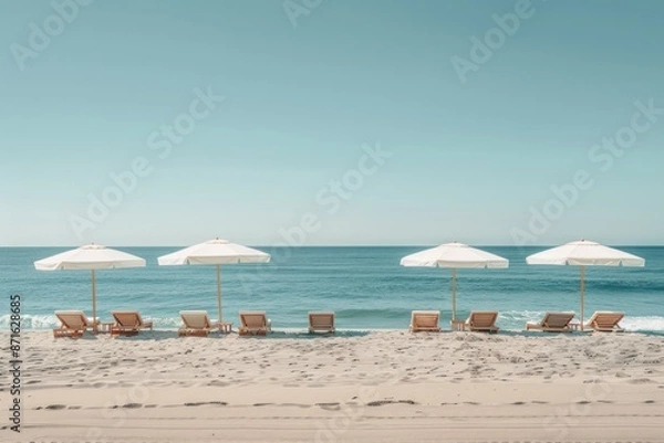 Fototapeta A beach scene with a row of white umbrellas and chairs