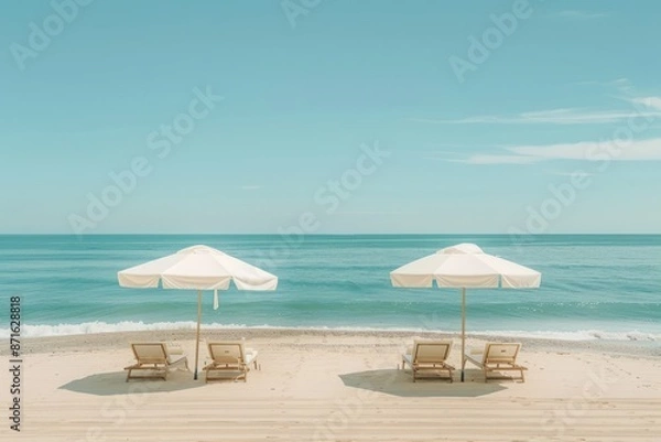Fototapeta Two beach umbrellas are set up on a sandy beach