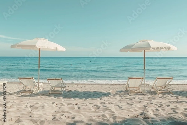 Fototapeta Two beach umbrellas and four beach chairs are set up on a sandy beach