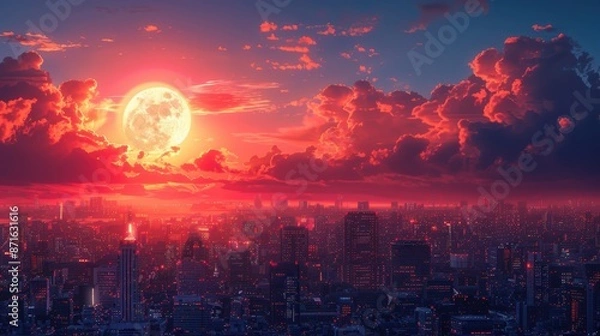 Fototapeta The city is bathed in the warm glow of the rising sun. The sky is a deep orange, and the clouds are a light pink. 