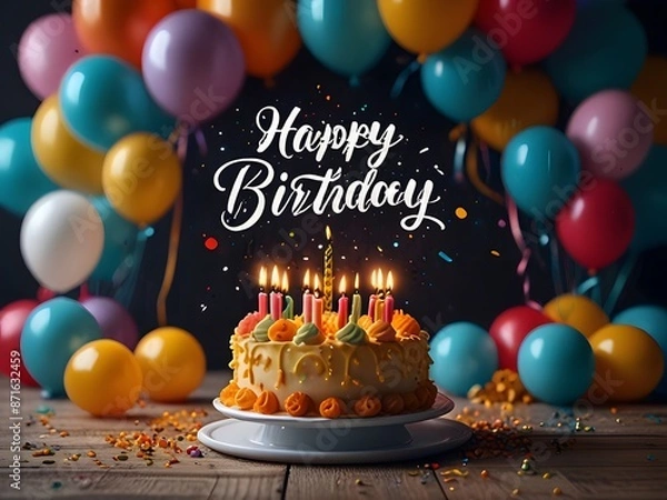 Obraz abstract happy birthday Background With Balloons, cake with candle background Generative Ai