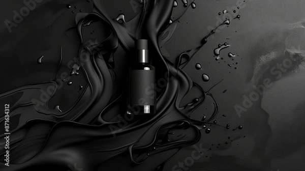 Fototapeta Minimalistic Black Friday retail advertisement with dynamic graphic elements and realistic perfume bottle designs against a sleek black background