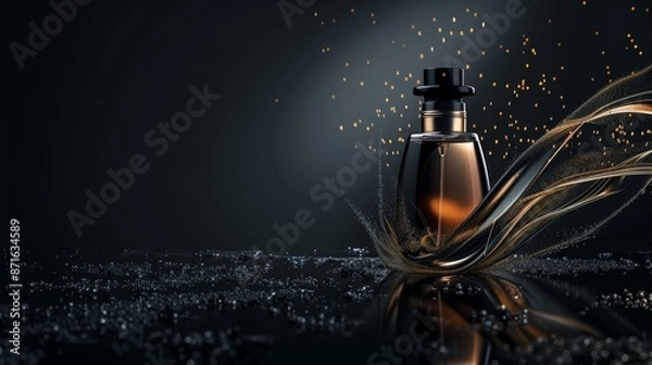 Fototapeta Stylish Black Friday sale banner featuring dynamic graphic elements and realistic perfume bottle representations with a balanced composition on a dark background