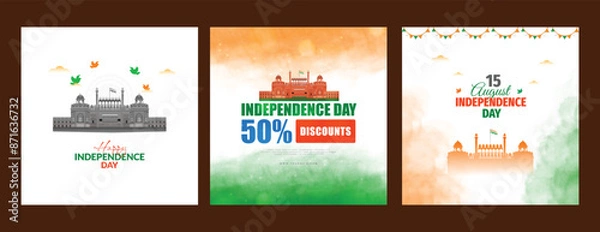 Fototapeta vector illustration of 15th August india Happy Independence Day social media three post design with abstract grunge watercolor background