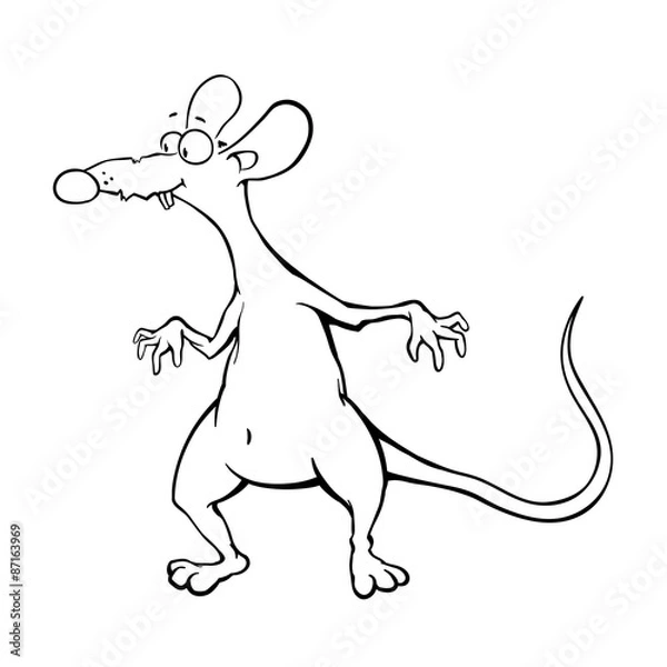 Obraz Cartoon black and white rat standing with outstretched fingers and looking somewhere with interest and caution. Maybe she is afraid of something? Or wants to steal something? Vector gtaphics.

