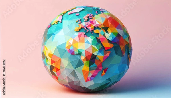 Fototapeta  Colorful low poly globe on pastel background. Artistic representation of Earth, with vibrant colors and geometric design. Perfect for educational use. 3D Illustration