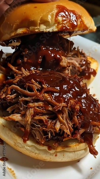 Obraz BBQ pulled pork Pulled pork being mixed with BBQ sauce, then piled onto a sandwich bun