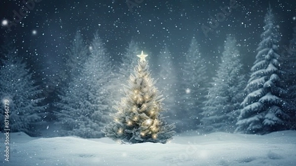 Fototapeta Snow covered christmas tree in winter forest with copy space at night