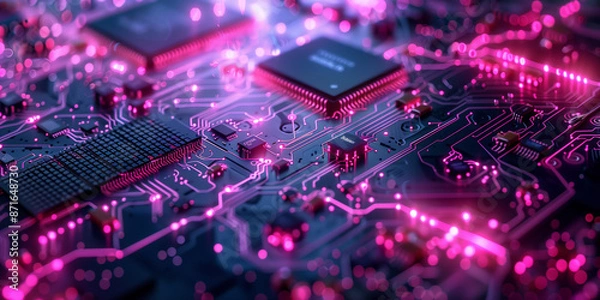 Obraz High-tech digital background featuring a glowing CPU on a circuit board, ideal for technology, electronics, and computing projects.


