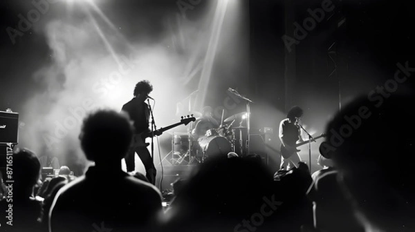 Fototapeta A black-and-white photo of a rock concert with the band playing on stage circa 1977.