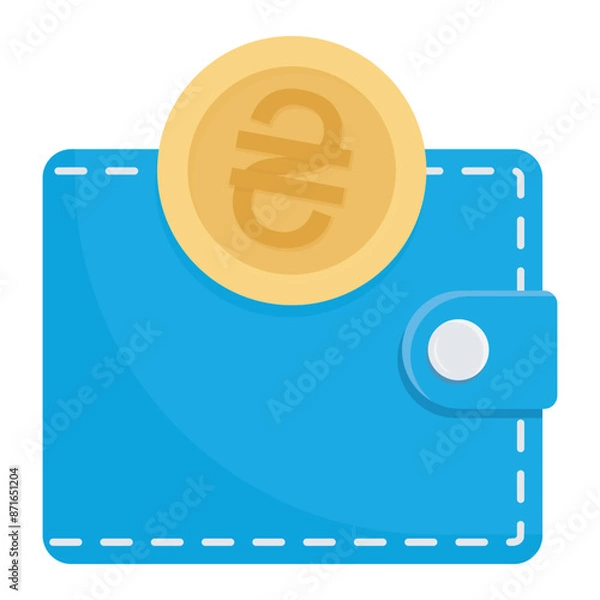 Fototapeta Blue wallet and gold coin with ukrainian symbol hryvnia on it. Vector icon isolated on white background. Flat design, EPS10